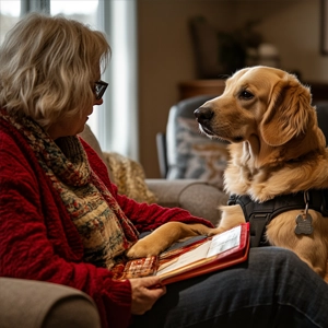 An older lady with her service dog helping her out.