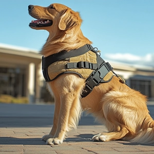 A golden retriever service dog with a tan vest trained by Dahl Dog Training.