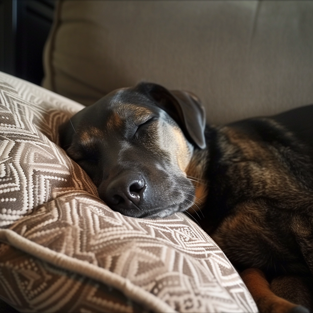 A dog relaxing and sleeping on a couch after some training sessions.