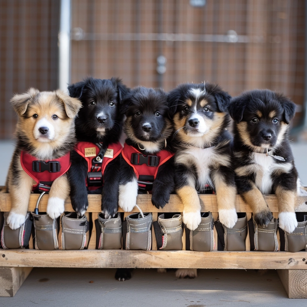 A group of puppies socializing during a puppy training session.