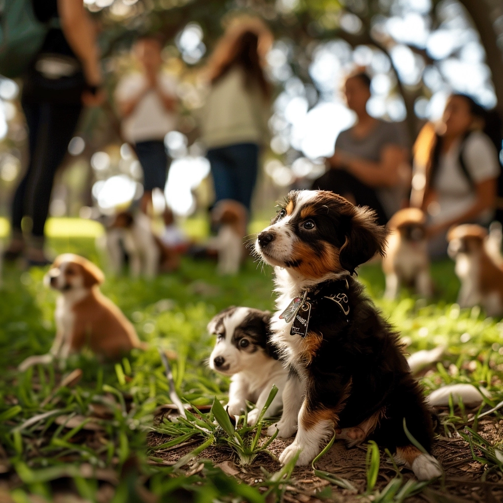 A group of puppies during a puppy training session at the park.